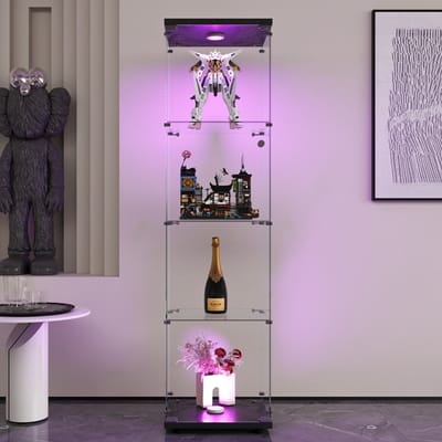 Glazen vitrinekast met 4 planken, glazen vitrinekast met één deur, LED-verlichting en slot, voor hal, woonkamer, slaapkamer, zwart