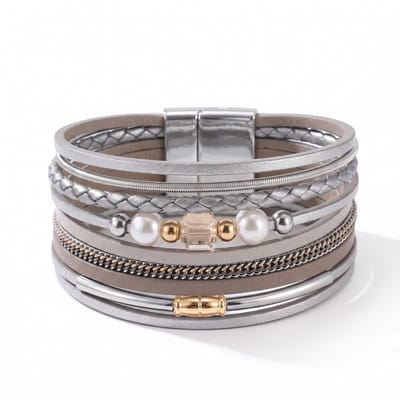 Sorprese Livia Silver Armband - Parel Look - Dames Armband - Leren Wikkelarmband - Magnetische Sluiting - Cadeau voor Vrouwen - Model ZZ