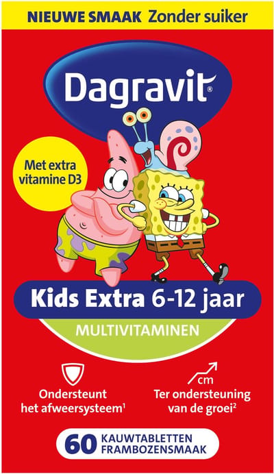 Dagravit Kids Extra 6-12 jaar Multivitaminen - SpongeBob - Ondersteunt het afweersysteem (1) - Ter ondersteuning van de groei (2) - Frambozensmaak - Suikervrij - 60 kauwtabletten