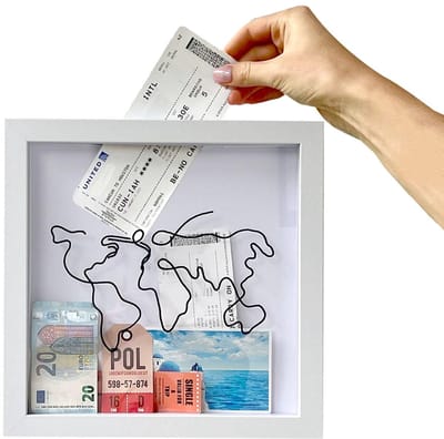 Dailygoods - Avontuur archiefdoos, herinneringsdozen voor aandenken, reisschaduwbox, voor tickets shadow box voor tafelblad, wandmontage, wereldkaart Memento frame (medium, 20 x 20 cm)