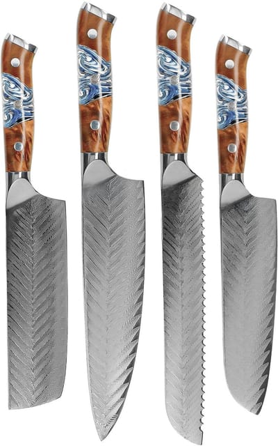Shinrai Knives - Eclipse 4-delige Damascus Messenset - Koksmes + Nakiri + Santoku + Broodmes - Vleesmes - Hakmes