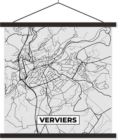 Posterhanger incl. Poster 60x60 cm - Schoolplaat - België – Verviers – Stadskaart – Kaart – Zwart Wit – Plattegrond - Textielposter - Zwarte latten - Stadskaart