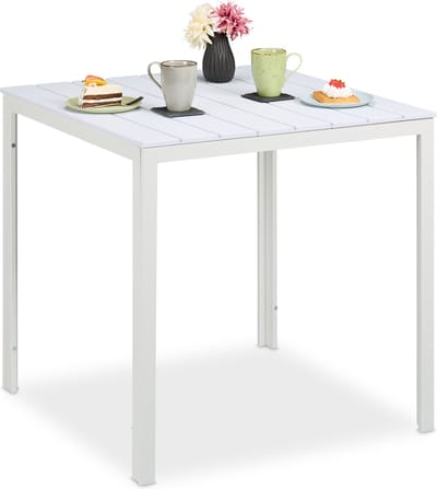 tuintafel vierkant - 74,5 x 78 x 78 cm - balkon - tafelblad met houtlook - stalen onderstel - wit
