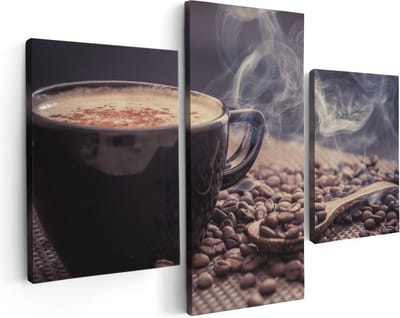 Artaza Canvas Schilderij Drieluik Hete Koffie Kop Met Koffiebonen - 90x60 cm - Wanddecoratie Woonkamer - Schilderijen - Muurdecoratie