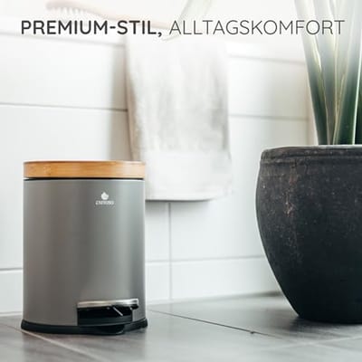 Vuilnisemmer Badkamer 5L - Cosmetica-emmer met Bamboe Deksel en Softclose Mechanisme - Antislip Pedaalemmer van Roestvrij Staal