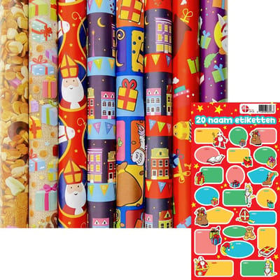 Sinterklaaspapier Pakpapier inpakpapier - 3 meter x 70 cm - 8 rollen - Incl. 20 Sint Naamstickers