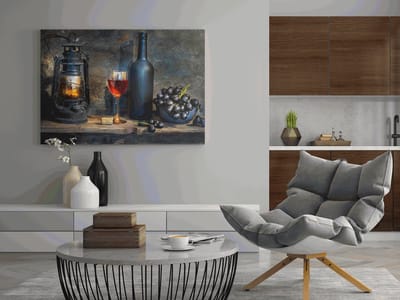 Canvas Schilderij - Rode Wijn en Zaklamp - Eten - Drinken - Wanddecoratie - 60x40x2 cm