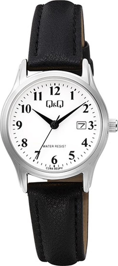 Q&Q C28A-003PY - Horloge - Analoog - Vrouwen - Dames - Leren band - Rond - Metaal - Cijfers - Datumaanduiding - Zwart - Zilverkleurig - Wit - 3 ATM