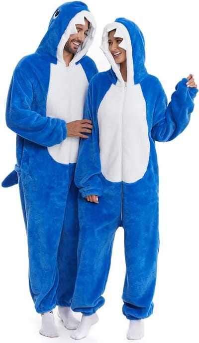 Luxe Dubbelzijdige Flanellen Onesie met Capuchon voor Volwassenen - Haai Kostuum