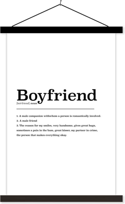 Posterhanger incl. Poster 40x60 cm - Schoolplaat - Boyfriend - Spreuken - Quotes - Woordenboek - Vriend definitie - Textielposter - Zwarte latten