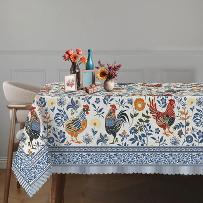 Nappe Vintage Ferme Imprimée Coq pour Décoration de Table Bleu Campagne Florale Nappe de Table de Cuisine Salle à Manger Décoration de Fête de Fête 90x140cm white