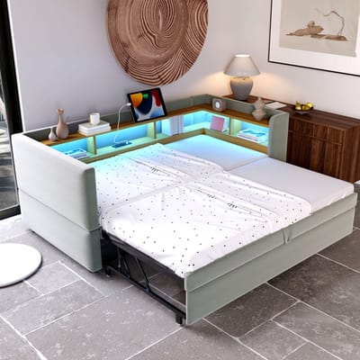 Sweiko Slaapbank - 90/180*190 cm - Uitschuifbaar - Met LED verlichting + oplaadpoort - Lichtgrijs