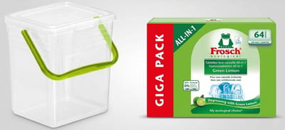 FROSCH Vaatwastabletten Green Lemon – 64 stuks – All-in-1 + Rotho Dispenser 7L – Transparant Opbergbox