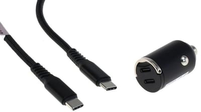 OneOne auto snellader met 2 poorten + 1,2m sterke USB C naar C kabel. 40W (2x 20W) lader. Autolader adapter past op Apple iPhone 16 Pro Max, iPhone 16e, iPad 9, iPad 10, iPad Air 4, iPad Air 5, iPad Mini 6, iPad Pro 11, iPad Pro 12.9