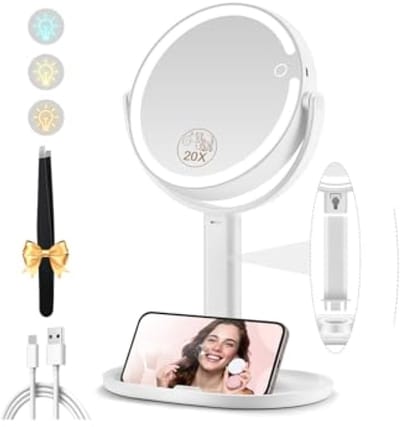 Make-up Spiegel met Verlichting, Dubbelzijdig 1x/20x Vergrotend, Oplaadbaar met 3-Kleurenverlichting en Instelbare Helderheid, 360° Draaibaar, Roségoud