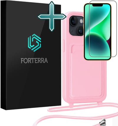 Hoesje Geschikt voor iPhone 13 Pashouder Case Siliconen Hoes Met Koord Met Screenprotector - Hoes Geschikt voor iPhone 13 Met Telefoonkoord Hoesje Back Cover Met Pasjeshouder - Lichtroze