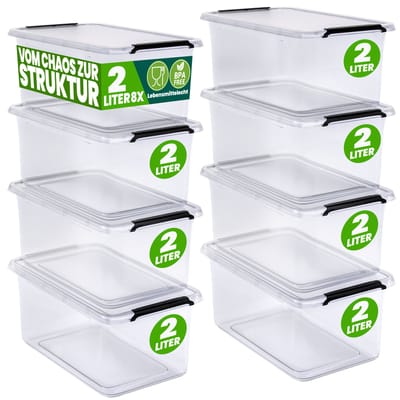 DEUBA Opbergbox Set van 8 - 2l BPA Vrij Stapelbaar - 19,5x15x11,5cm