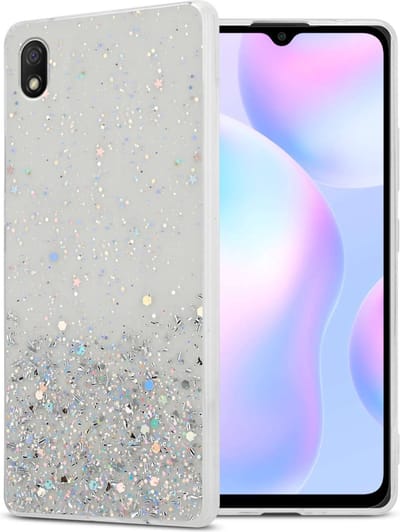 Cadorabo Hoesje geschikt voor Xiaomi RedMi 9A / RedMi 9AT in Transparant met Glitter - Beschermhoes van flexibel TPU silicone met fonkelende glitters Case Cover Etui