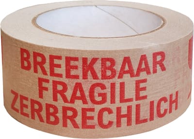 Kortpack - Papertape met opdruk: Breekbaar/Fragile/Zerbrechlich - 50mm breed x 50mtr lang - 36 rollen per verpakking - Bruine tape et rode opdruk - Waarschuwingstape - (020.4530)