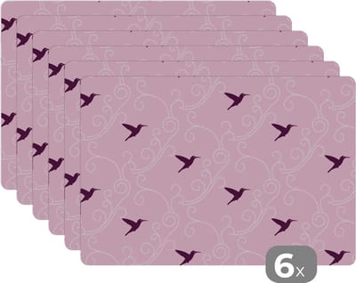 Placemat - Placemats kunststof - Vogel - Patronen - Roze - 45x30 cm - 6 stuks - Hittebestendig - Anti-Slip - Onderlegger - Afneembaar