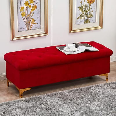 Opbergbank Fluwelen - Gestoffeerde Voetenbank - Slaapkamer Woonkamer - Veelzijdige Zitoplossing - 78x45x40 cm - Rood