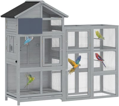 PawHut Vogelkooi-dennenhout, metaal-196L x 60B x 164,5H cm-grijs