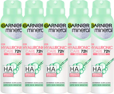 Garnier Hyaluronic Care Sensitive Deodorant Body Spray - 72H Deodorants Bodyspray voor Gevoelige Huid - 5 x 150ml - Deodorant Vrouw Voordeelverpakking