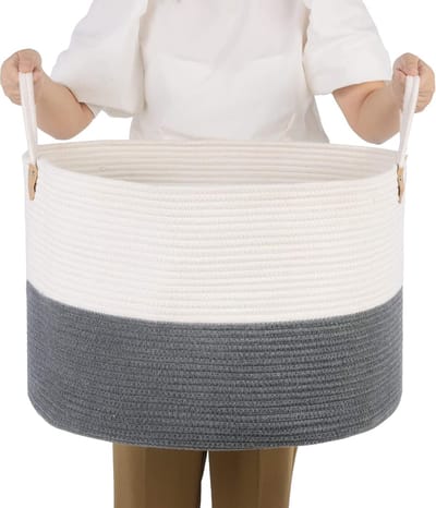 Katoenen touwmand, handgrepen, wasmand van katoen, 50 l, voor speelgoed, kleding, dekens, grijs-beige