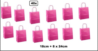 40x Koordtas papier fuchsia 18cmx8cmx24cm - goodiebag|papieren|draagtas|tas|koord|festival|kado|themafeest|party|geschenken