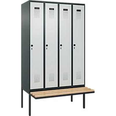 C+P Evolo Plus garderobekast, 4 vakken, elk 300 mm breed, zwevende bank, B 1200 x D 815 x H 2120 mm, draaibare grendel, antracietgrijs/lichtgrijs