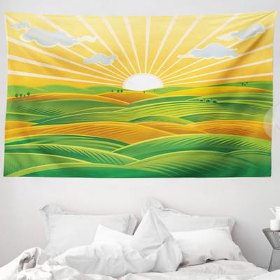 ABAKUHAUS Keltisch Groen Wandtapijt, Zonsondergang boven een vallei, 230 x 140 cm, Limegroen Amber