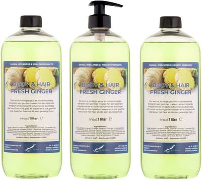 Body & Hair Fresh Ginger 1 Liter - met gratis pomp - set van 3 stuks - 2 in 1 voor lichaam en haar.