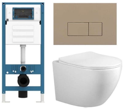 FugaFlow Eccelente Press Toiletset - 48.5x36x32cm - diepspoel - spoelrandloos - inbouwreservoir - softclose - quickrelease - toiletzitting - taupe kunststof bedieningsplaat - rechthoekige knoppen - wit
