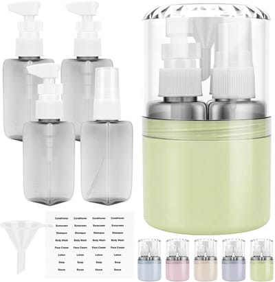 reisdispenser 4-in-1-set – 4 x 50 ml reisflesjes in een harde beschermhoes (incl. 3 pompdispensers + 1 spuitflesje) – Lekvrije shampoo-containers – Ideaal voor handbagage (groente)