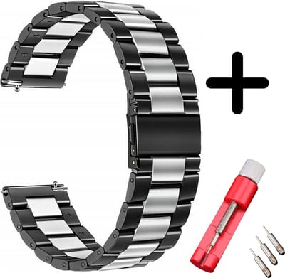 Strap-it RVS stalen schakel bandje - Geschikt voor Samsung Galaxy Watch 7 (40 & 44mm) / Galaxy Watch 6 (Classic) / Galaxy Watch 5 / 5 Pro / Watch 4 (Classic) / Watch FE - bandje metaal voor Galaxy Watch 4-5-6 - zwart/zilver + inkort toolkit