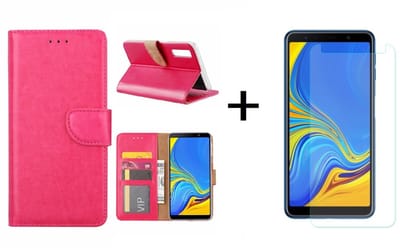 Ntech Hoesje Geschikt Voor Samsung Galaxy A7 2018 Roze BookType Hoesje & opbergvakjes + Glazen Screenprotector