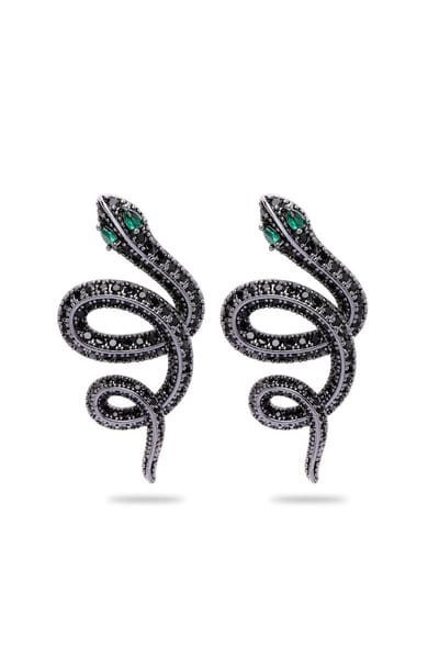 AVANT-GARDE PARIS AVANT-GARDE PARIS Zwarte Serpent Oorknopjes - Zwart Metaal - Rhodium Plated - Met Kristallen - Groene Edelsteen Ogen - Post En Backsluiting - Voor Vrouwen