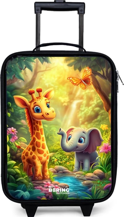 NoBoringSuitcases.com® - Kinderkoffer jongen - Kindertrolley meisje - Giraf en olifant bij beekje in de Jungle - Koffer kind lichtgewicht - Reiskoffer trolley voor kinderen - Koffertje met lichtgevende wieltjes - Rolkoffer zwart