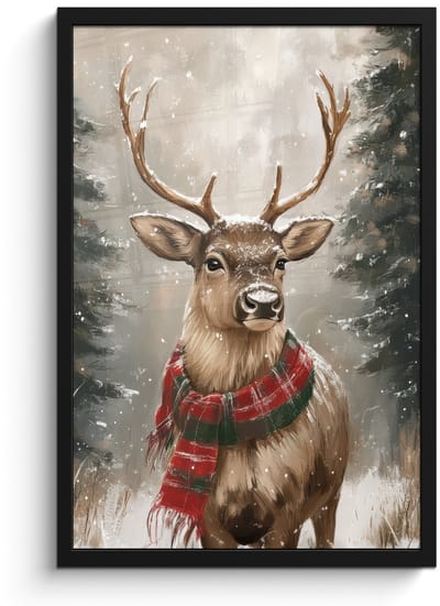 Poster in lijst - Fotolijst 40x60 cm - Posters - Winter - Bos - Rendier - Donker - Posterlijst zwart - Decoratie - Wanddecoratie woonkamer - Muurdecoratie slaapkamer