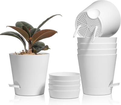 Famanu - Set van 6 ronde kunststof bloempotten met bewateringssysteem wit