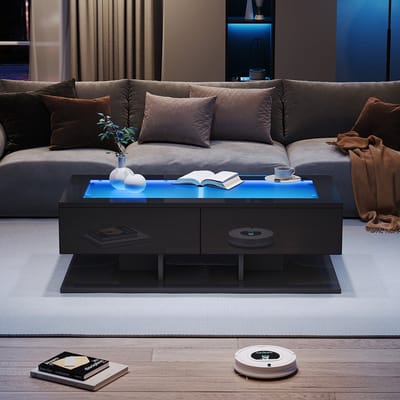 Pugsdrly Salontafel 100*50*35 cm, glanzende salontafel, salontafel met lades, salontafel met LED-verlichting, glazen blad, zwart