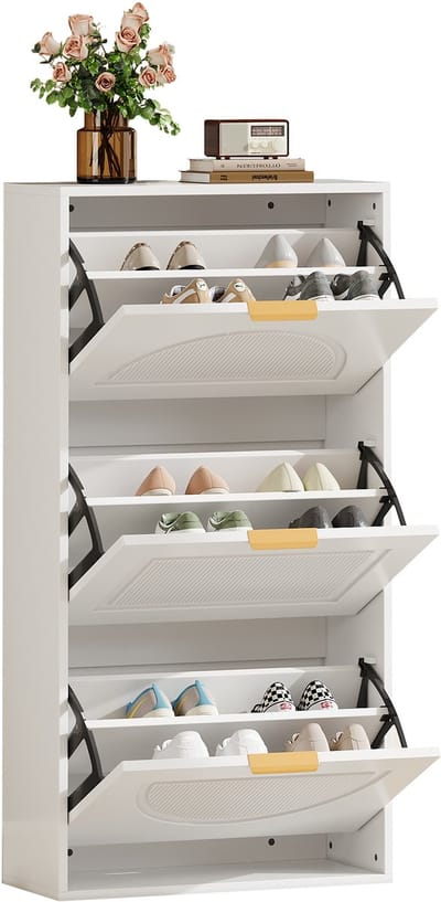 YYchan Schoenenrek - Schoenenkast met 3 Kleppen - Smal Schoenenrek voor Hal/Woonkamer - 60x24x114 cm - Anti-kantel - Wit