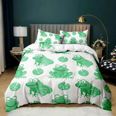 Cartoon Kikker Dekbedovertrek Set Lichtgroen Cartoon Kikkers Schattige Libel Dieren Beddengoed Set voor Jongen Eenpersoons Maat Polyester Dekbedovertrek AU Single(140x210cm)