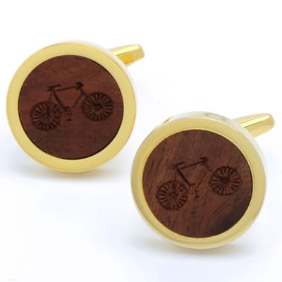 Manchetknopen - Goud Rond met Hout en Gefreesde Fiets