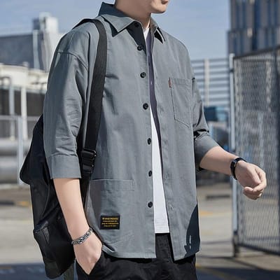 Lente en Herfst Heren Top met Elleboogmouwen Casual Losse Versie Strijkloos Lente en Herfst Shirt Herenkleding XXXL gray