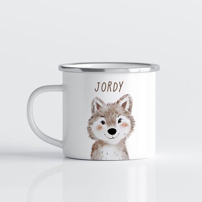 Creasowl® Wolf Gepersonaliseerde Emaille Kinder Mok met Naam Kind – Bosdieren Mok 350ml – Kinder Campingmok met Vos, Beer & Bosdieren