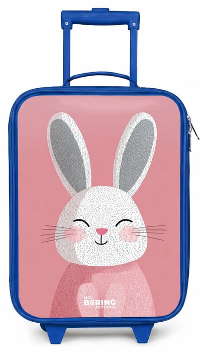 NoBoringSuitcases.com® - Kinderkoffer blauw - Kindertrolley jongen - Roze - Konijn - Glimlach - Illustratie - Koffer kind lichtgewicht - Reiskoffer trolley voor kinderen - Koffertje met lichtgevende wieltjes - Rolkoffer