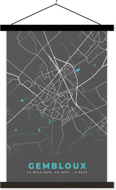 Posterhanger incl. Poster 40x60 cm - Schoolplaat - Stadskaart – Grijs - Kaart – Genk – België – Plattegrond - Textielposter - Zwarte latten - Stadskaart