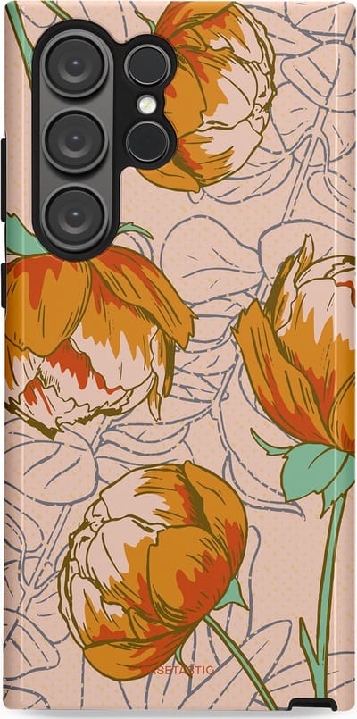 Casetastic hoesje geschikt voor Samsung Galaxy S23 Ultra - Dubbellaagse bescherming - Lente pioenroos - Fashion Case - Zand Zilver Okergeel Terracotta