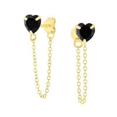 Joy|S - Zilveren hartje oorbellen - kettinkje - zwart zirkonia - gold plated